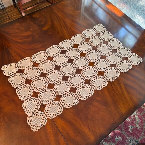 HandmadCrochet Lace Table Runner Rectangular Ecru Beige 33.5 " x 19.5" - Picture 1 of 11